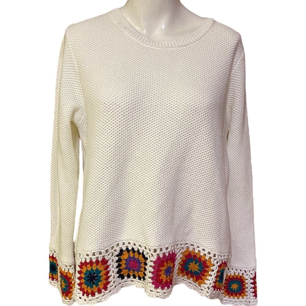 Joseph A. Sweater Indie Crochet Knit White Granny Square Multicolor size L